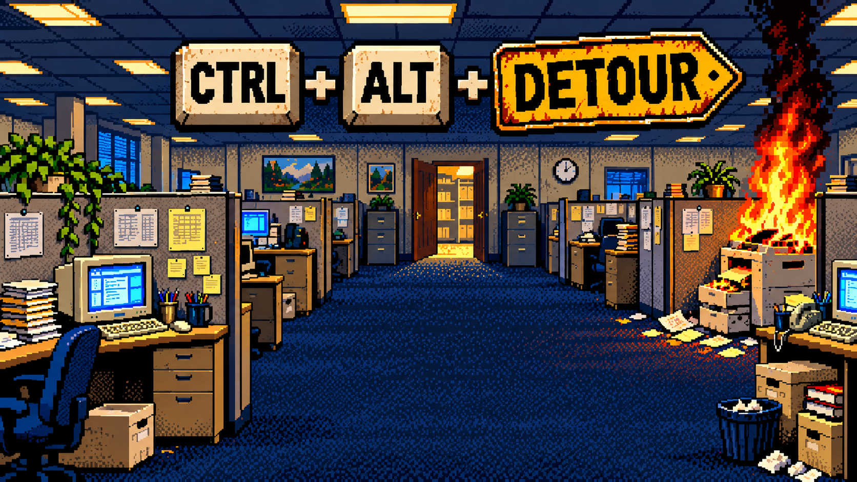 CTRL + ALT + DETOUR above a chaotic office