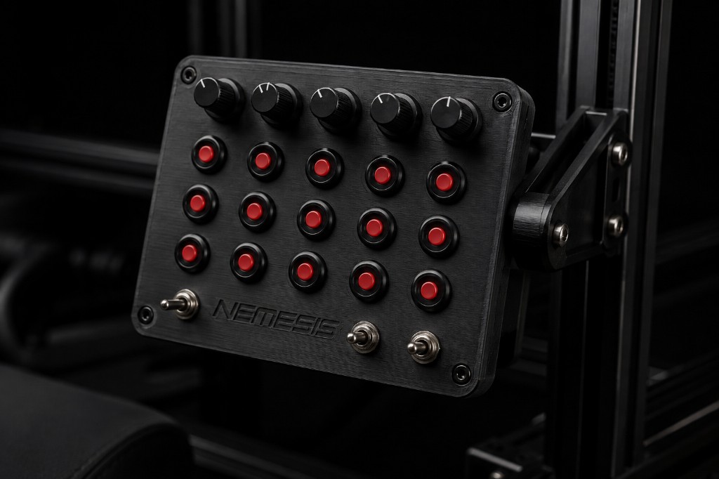 Nemesis button box mounted on a sim racing rig