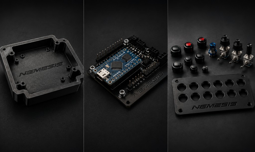 Nemesis modular kit: enclosure, circuit board, and faceplate with switches and buttons